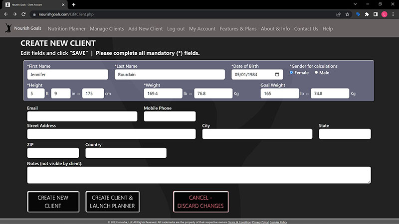 Nourish Goals Client Info Edit Screen
